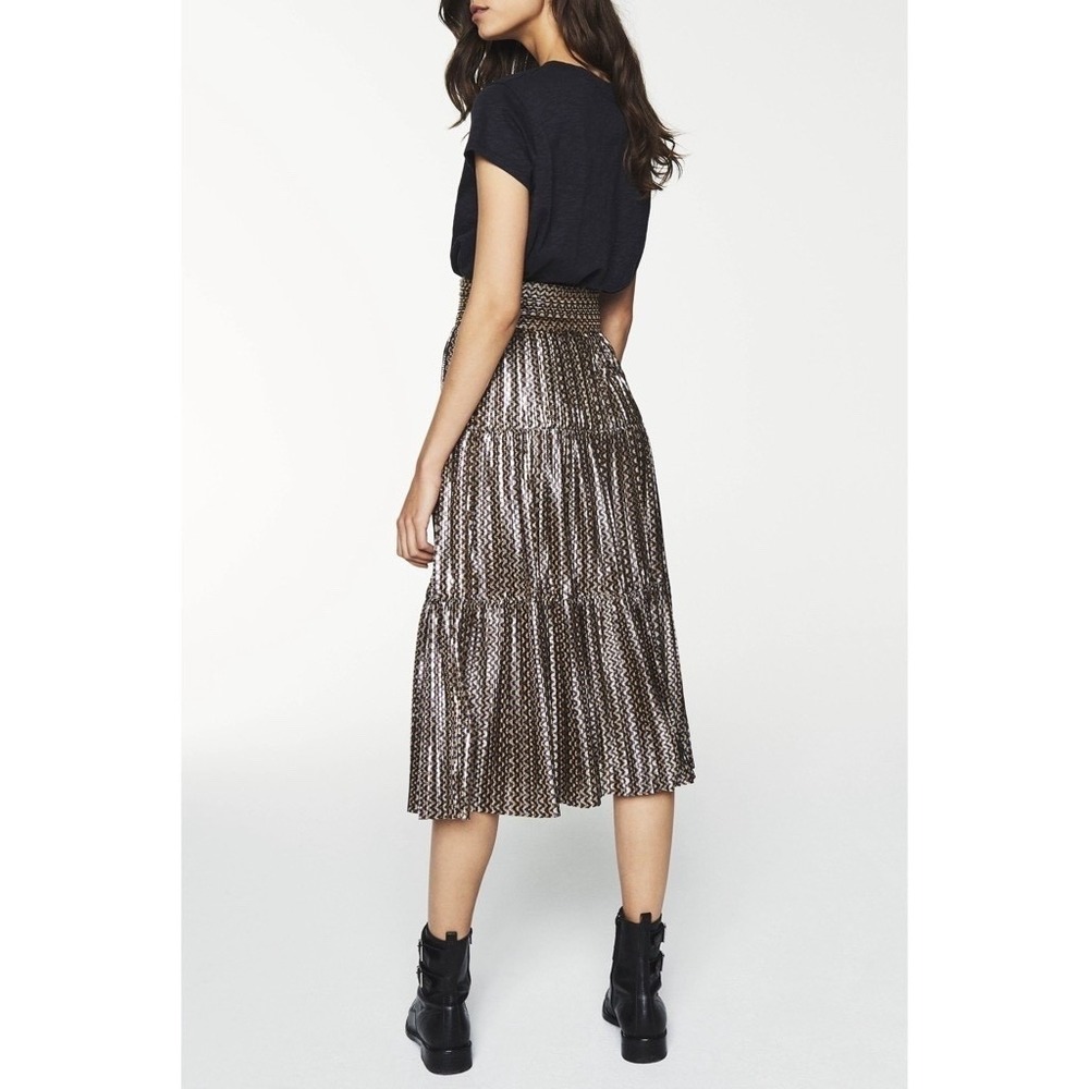 BA&SH Pleated Jupe Poly Midi Skirt Chevron Stripe Foil Metallic Tiered Size 6 - Picture 7 of 16